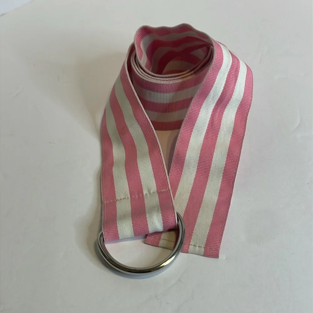 Pink & White Striped Kids Double-D Ring Belt (Approx. 41” not including buckle)